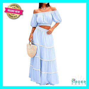 Boho Two-Piece Set Off Shoulder Crop Top and Flowy Maxi Skirt Summer Outfit